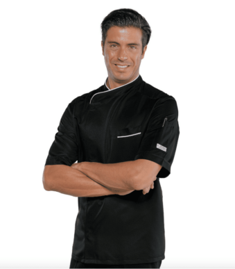 Veste de cuisine noire manches courtes liseré blanc Bilbao – Isacco